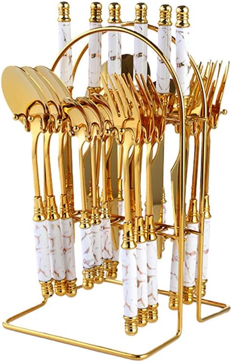 Kitchen Utensils Set,24Piece Flatware Set Stainless Steel Sets Mirror Polishing Tableware Sets Multipurpose Use for Home and Kitchen, Service for 6 Storage Rack Gift Box-white