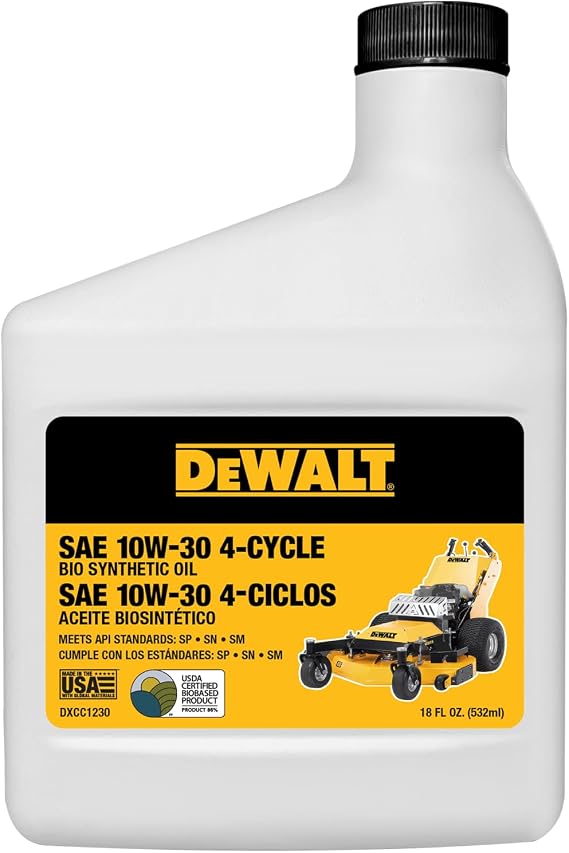 DEWALT Biosynthetic SAE 10W-30 Oil 4-Cycle Engine Oil for Small Engines, Generators & Outdoor Power Equipment Meets and Exceeds API SP Extended Interval, Cold Start Protection 18 oz