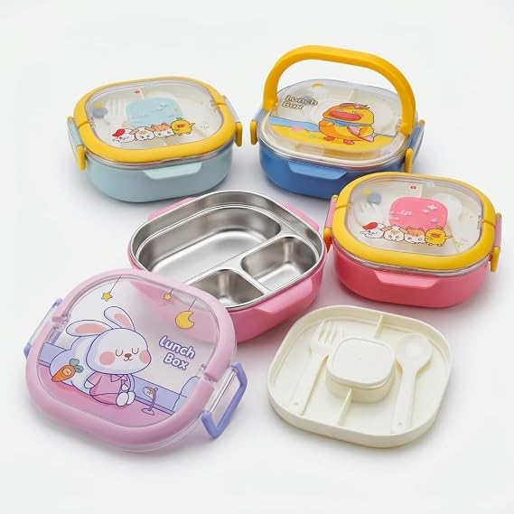 Deconox 700 ml Paslanmaz Çelik Yemek Kabı, 3 Bölmeli Kilitli Lunch Box, Çatal Kaşık Dahil Renkli Desenli Saklama ve Taşıma Kabı