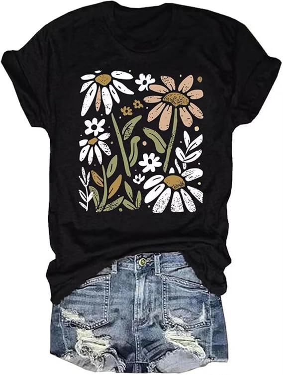 Vintage Floral T Shirt Women Boho Flowers Graphic Tees Shirts Cute Wildflowers Shirt Summer Casual Short Sleeve Tops