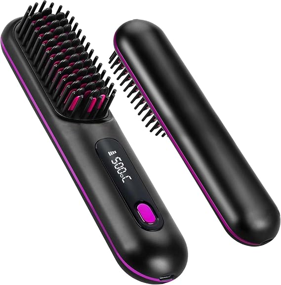 Glow Wave Heated Brush, Go Brush Pro Cordless Straightener, 2026 Glow Wave Heated Brushs for Short Hair, 3 Heat Settings & LED Screen for Travel and Frizz-Free Styling,1PCS (Black)