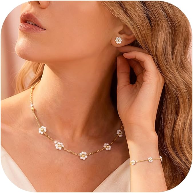 GEMQUEEN 14K Gold Plated Pearl Jewelry Set 925 Sterling SIlver Post