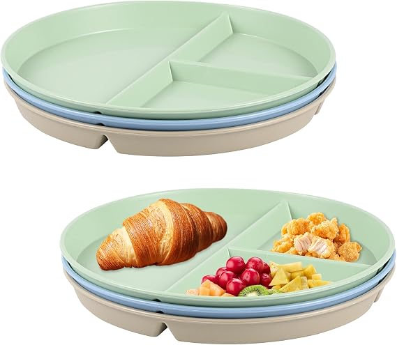 3pcs Divided Dinner Plates, Portion Control Divided Plates, 8.85" Unbreakable Divided Plates Compartment Plates, Divided Diet Plates Tray Reusable Dishes for Adult, Microwave Safe