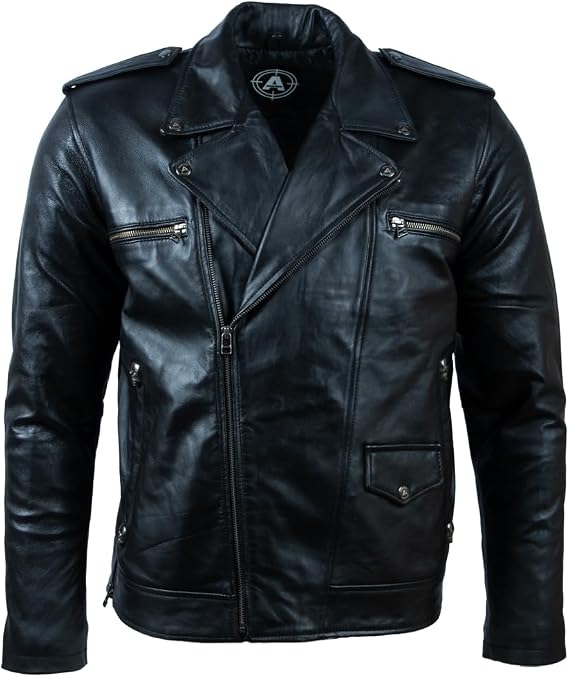 Aviatrix Men's Real Leather Cross-Zip Fashion Biker Jacket with Skulls (JNYG)