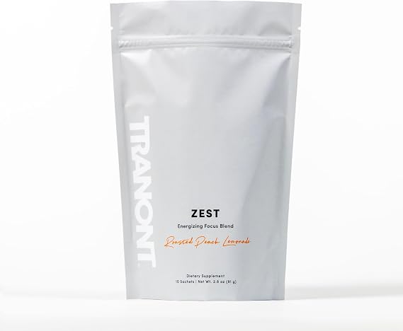 Tranont Zest Energizing Focus Blend | Roasted Peach Lemonade Energy Powder | Gluten-Free, Sugar-Free with Green Tea L-Theanine, Vitamins & Antioxidants for Energy, Focus, and Health | 15 Sticks