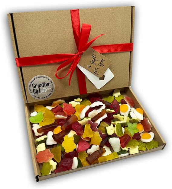 Jelly Sweet Mix Sweets Gift Box Hamper For Any Occasion (Brown Box, Red Ribbon)