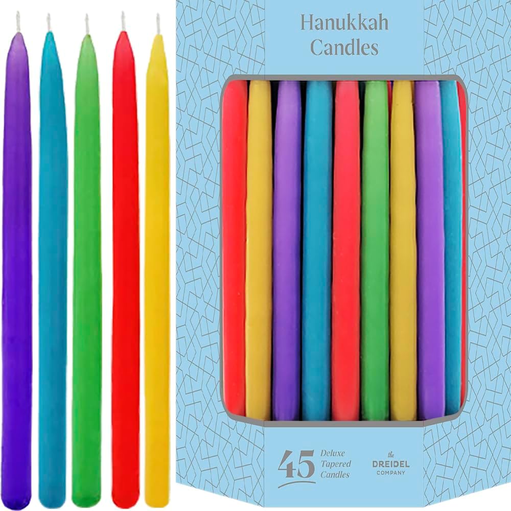 The Dreidel Company Deluxe Tapered Hanukkah Menorah Candles for All 8 Nights of Chanukah Muted Rainbow