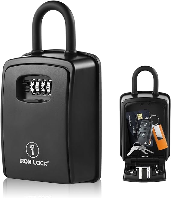 Iron Lock XXL Portable Key Lock Box, U-Shackle 4-Digit Code (XXL, Black) | Holds 20-30 keys plus fobs, cards & remotes; unique built-in tray; weather resistant; wall-mount hardware included