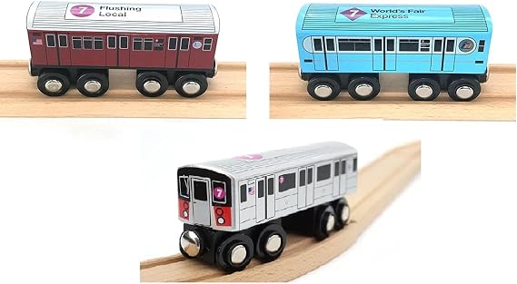 MUNI PALS Wooden Subway Train MTA NYC 7 Train Three (3) Car Set : The Bluebird, The Redbird and Current 7 Line Car