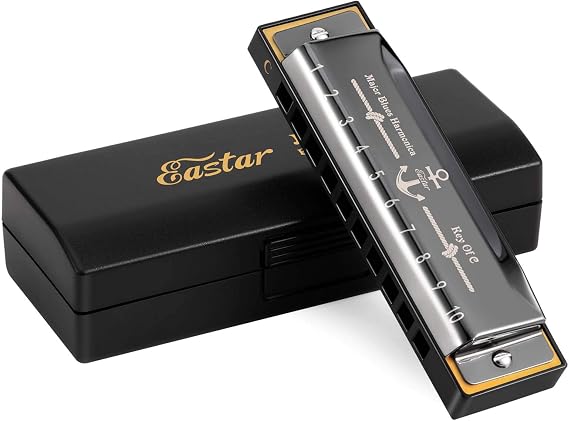 Eastar Major 10-Hole C Key Blues Harmonica Kids Beginners, Case Kit, Black