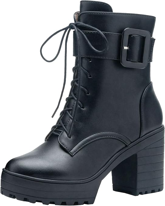 KysBloes Goth Platform Ankle Boots for Women Chunky Heel Lace Up Booties Women Shoes Buckle Gothic Shoes Ladies 3inch Heel Combat Boots