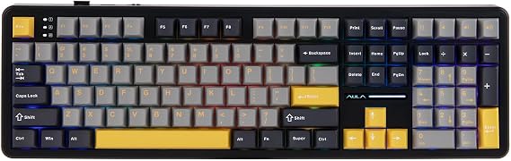 MechLands Aula F108 100% Wireless Gaming Keyboard, Full Size Custom Gasket Mechanical Keyboard, 4000mAh Battery, Programmable 108 Keys, Hot-Swappable, for Win/Mac (Grey&Yellow)