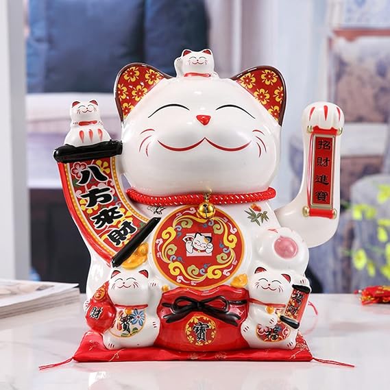 13" Lucky Cat Waving Arm Ceramic Chinese Feng Shui Statue Ornament