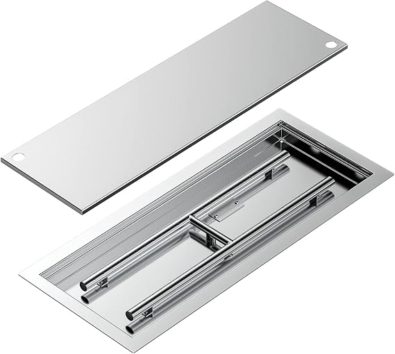 Skyflame Rectangular Stainless Steel Fire Pit Pan & Burner, 36 by 12-Inch | Drop-in, Burner Cover Included