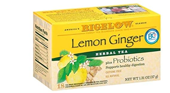 Bigelow Tea Lemon Ginger Plus Probiotics Herbal Tea Bags, 18 Count Box (Pack of 1) Caffeine Free Herbal Tea, 18 Tea Bags