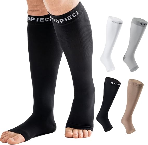 Medical Knee High Wide Calf Open Toe Varicose Veins Compression Socks for Women& Men 20-30 Mmhg, Toeless Support Hose Plus Size Compression Stockings Soothe Relief Circulation and Swelling