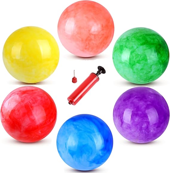 6 Pcs Playground Balls with Pump, 9 inch Inflatable Marbleized Bouncy Balls for Kids Beach, School, Kickball DodgeBalls and Indoor Outdoor Plays