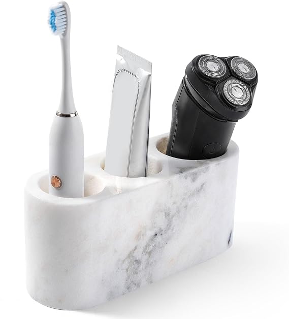 BCS Toothbrush Holder for Bathrooms, 3 Slots Open-Bottom Marble Toothbrush Organizer, Makeup Brush Stand Toothbrush Storage Collection for Bathroom Countertop Vanity Organization - Grigio Fantasy