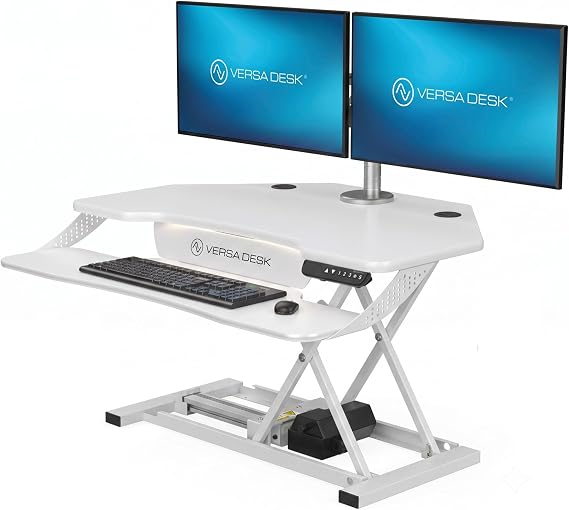 VERSADESK PowerPro Elite 36 x 31 Smart Corner Standing Desk Converter | Mobile App Adjustable Sit-Stand Desk Riser w/Keyboard Tray & USB & USBC Ports | for Home or Office - White