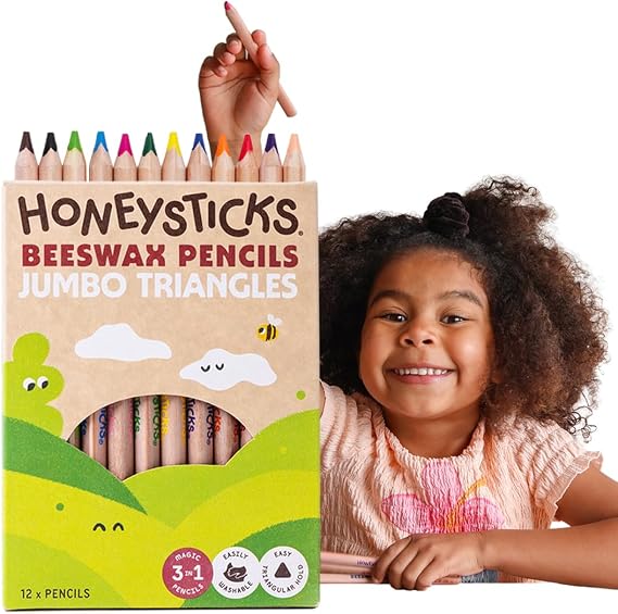 Honeysticks Jumbo Triangle Coloured Pencils (12 Pack) - Preschool Pencil | Non-Toxic Beeswax Core, Large Triangular Shape, Bright Colours, Toddler Colouring and Drawing, Kids 1-3, 2-4, 3-5