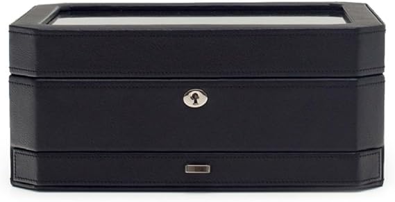 WOLF Windsor 10-Piece Watch Box with Drawer, Black - Features 10 Watch Compartments, Eight Ring Rolls & 17 Jewelry Compartments - Vegan Leather Exterior