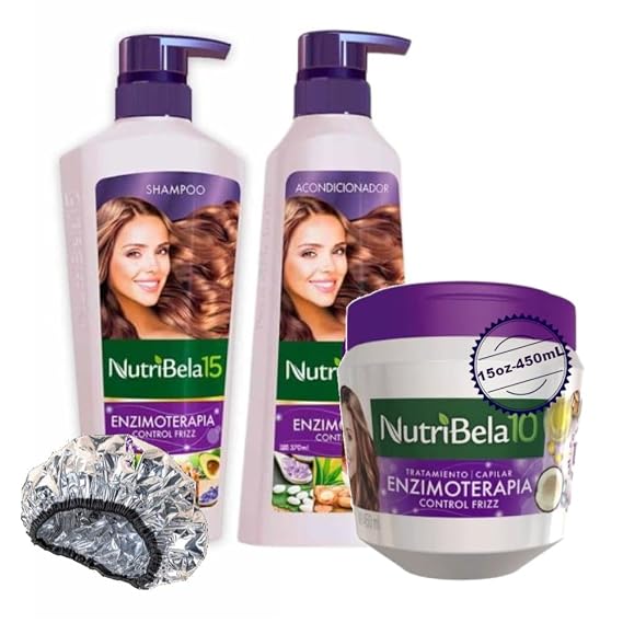 Kit (Shampoo + Conditioner + Treatment + Aluminum Cap) Enzymetherapy | Set Enzimoterapia Nutribela15 Colombia (Champu + Acondicionador + Tratamiento + Gorro de Aluminio) (42.2oz)