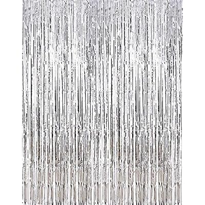 2 Pcs 3.2ft x 8.2ft Shiny Silver Metallic Tinsel Foil Fringe Curtains Photo Booth Backdrop for Birthday Wedding Bridal Shower Holiday Celebration Bachelorette Party Decorations