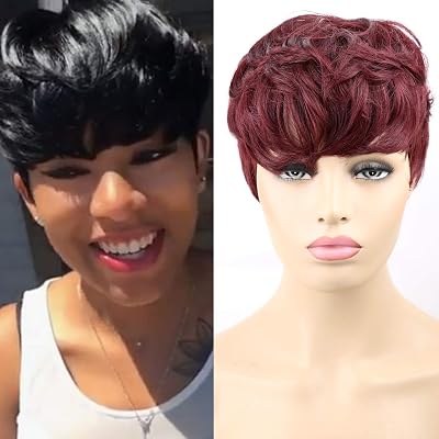 VCK Short Wigs with Bangs Layered Pixie Cut Wigs Brazilian Remy Human Hair Pixie Cut wigs for Black Women Glueless Non Lace Front Wig