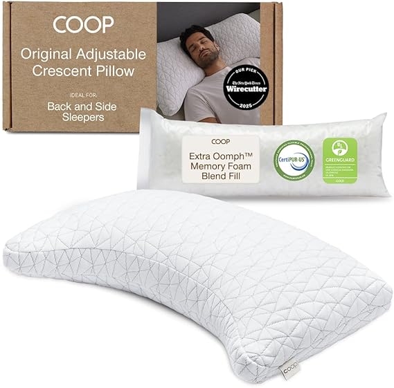 Coop Home Goods Original Crescent Adjustable Pillow, Queen Bed Crescent Foam Pillow - Medium Firm for Back & Side Sleepers, CertiPUR-US/GREENGUARD Gold