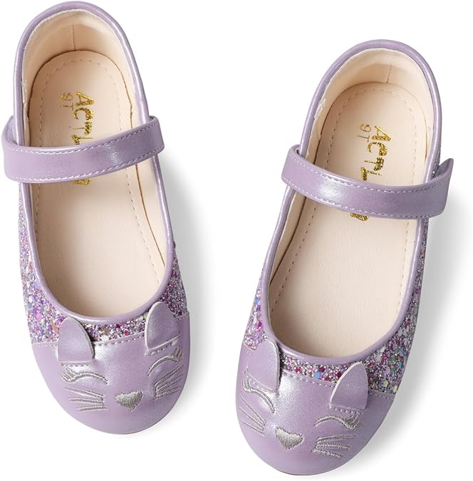Cute Cat Dress Shoes for Toddler Girls, Flower Girls Mary Jane Shoes Glitter Princess Ballet Flats for School Party Wedding