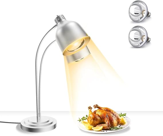 2 Heads Food Heat Lamp Heater with Fast Heating Bulbs, Heating Lamps for Restaurant, Kitchen, Buffet, Catering, Parties and Food (Silver