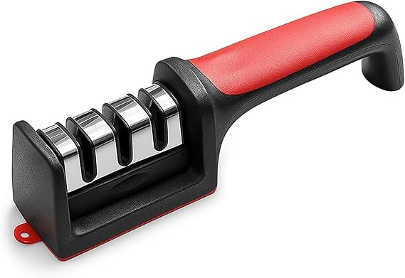 Sharp Knife Sharpener - 3 Stage Professional Kitchen Knife Sharpening Tool for Dull Knives, Scissors, Chef Knives, Non-Slip Base, Ergonomic Handle, Red