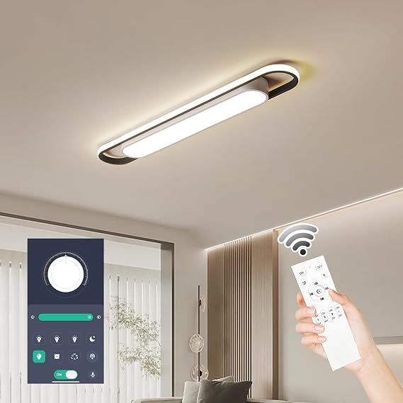Naroume Dimmable LED Ceiling Light Modern Linear LED Ceiling Lamp 92cm Smart Semi Flush Mount Wraparound Shape Lighting Fixture with Remote Control for Kitchen Dining Room (6-49) X2W [Energy Class B]