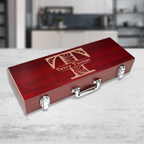 Personalized 3 Piece Beautiful BBQ Set in Rosewood Finish Case with Name