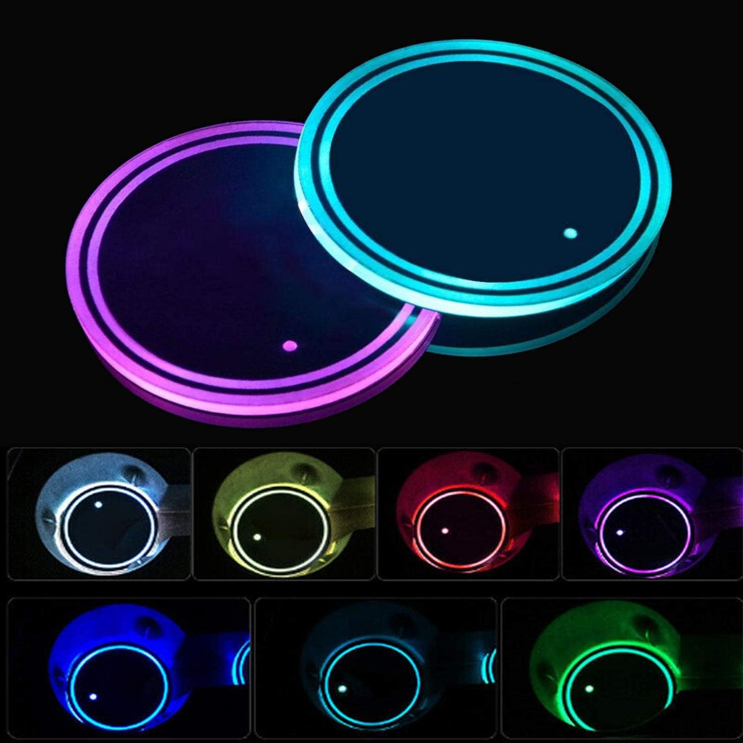 2pcs LED Car Coasters, LED Cup Holder Lights with 7 Colors Luminescent Cup Pad, USB Charging Cup Mat for Drink Coaster Accessories Interior Decoration Atmosphere Light