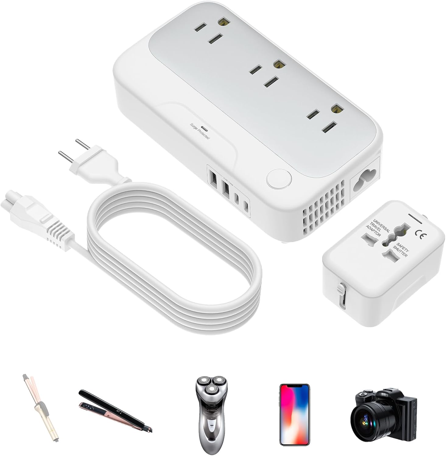 Voltage Converter us to Europe, 220v to 110v Power Converter Adapter, 250W Step Down Converter for Hair StraightenerCurling Iron, Plug for Italy, AU, UK, US Silver