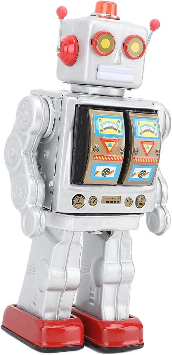 Alomejor Vintage Metal Tin Robot Toy, Retro Electric Rotating Figure with Walking and 360 Degree Rotation, Gun Fire Sound, for Collectors, Birthday, Party, (Silver)