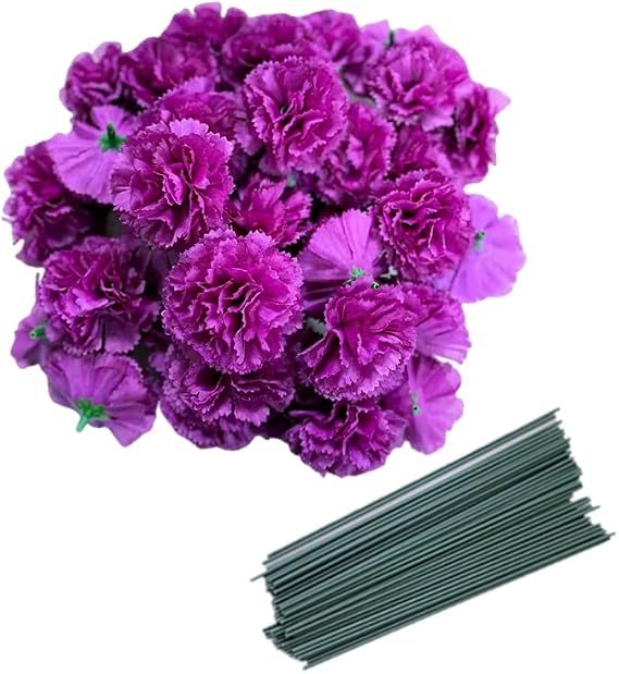 Rikyo 50pcs Purple Artificial Carnation Heads with Detachable Flowers Stems | 2" Multi-Petal Silk Flowers for Wrist Corsage,Birthday Cake Ornaments,Table Scatters,Vase Fillers,Home Floral Arrangements