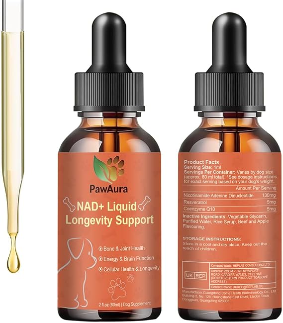 Dog Longevity Supplement NAD+ Drops, Dog NAD& Resveratrol & Coenzyme Q10 Supplements for Supporting Hip & Joint, Skin & Coat, Gut, Heart Health & Digestion, 60 ml