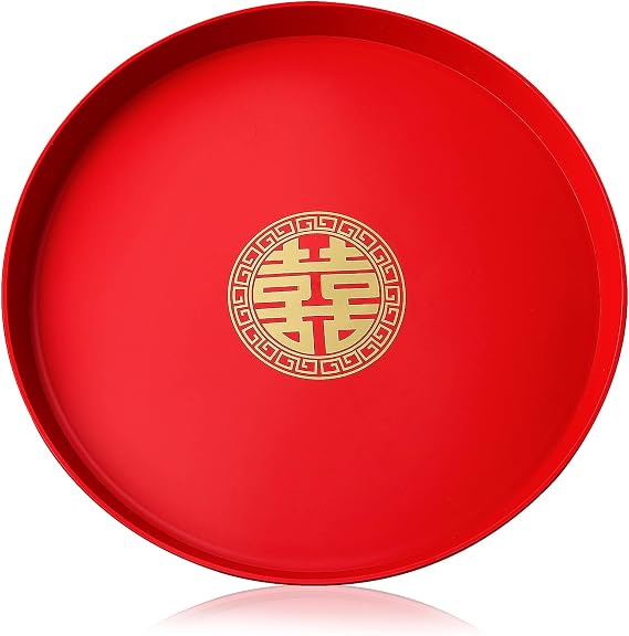 Toyvian 13inches Red Plate Tea Tray Chinese Wedding Serving Tray Dessert Plate, Plastic Dishes Coffee Food Serving for Bridal Shower Chinese Wedding Party Decor