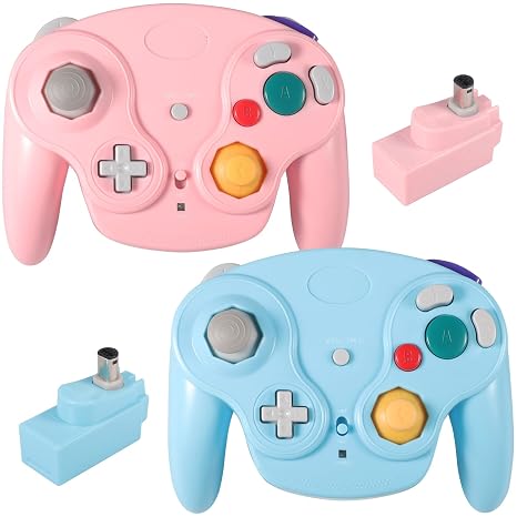 PGYFDAL Wireless Game Cube Controller, 2 Pieces 2.4G Wireless Classic Gamepad with Receiver Adapter for Wii Game Cube NGC GC (Pink and Blue)