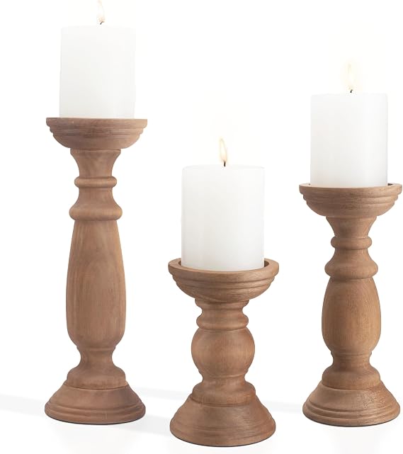 BANOMII Rustic Wooden Pillar Candle Holders Set of 3, 12'' 9'' 6'' Farmhouse Wood Candle Stand for Table Centerpieces, Vintage Tall Candleholders Fireplace Mantel Decor for Living Room, Brown
