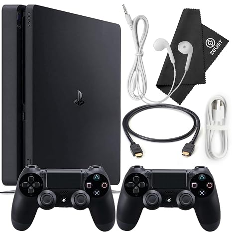 Zeust PlayStation 4 Slim 500GB Console Bundle - Includes the PS4 Slim Console 500GB, 2 Dualshock 4 Wireless Controllers, MicroUSB Charging Cable, HDMI cable, Wired Earbuds and Microfiber Cloth