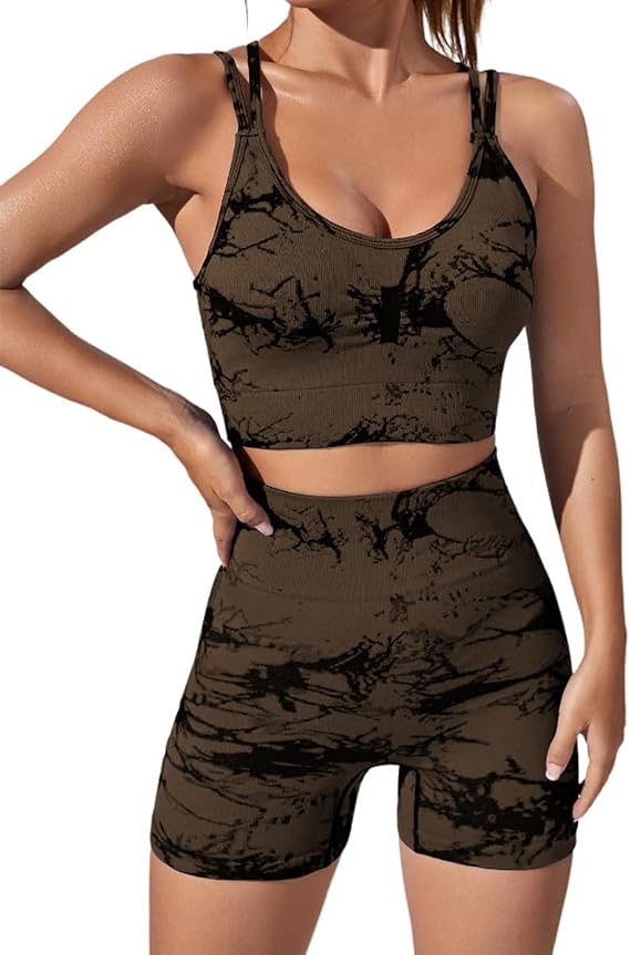 Women's Seamless Tie-dye Yoga Outfits 2 Piece Workout Athletic High Waist Running Shorts and Strappy Backless Gym Yoga Tops(Brown,X-Small)