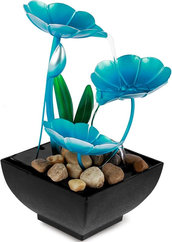 Tabletop Fountain Meditation Water Fountain Creative Flower Mini Waterfall Fountain Decorations Sound Relaxation Lotus Ornament USB Powered for Table Office Bedroom(Blue)