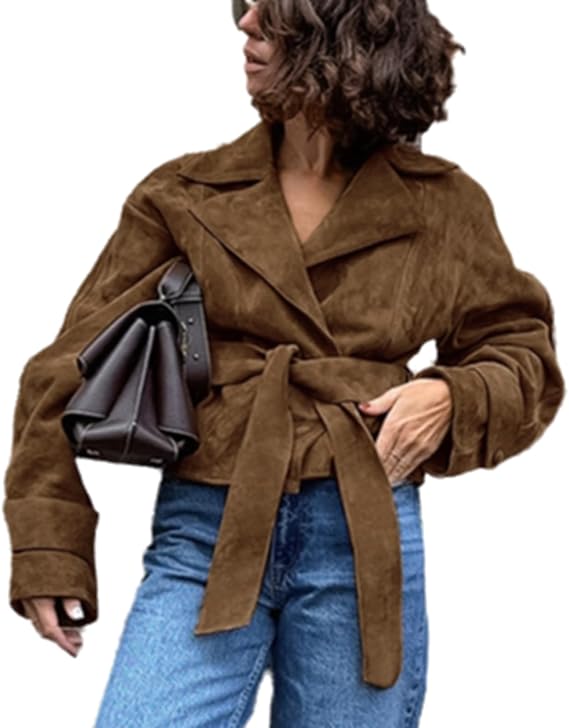 Suede Jacket Women Brown Belted Long Sleeve Lapel Button Down Cropped Faux Suede Jacket Women 2025