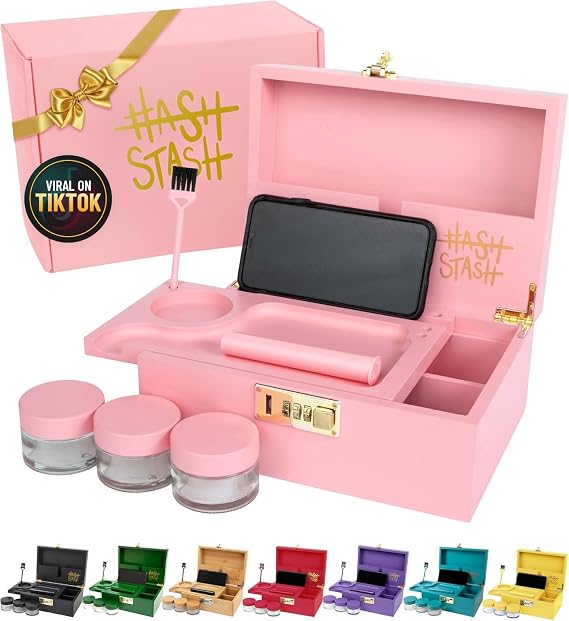 HASHSTASH OG Large Bamboo Storage Box with Combination Lock & 3 Jars