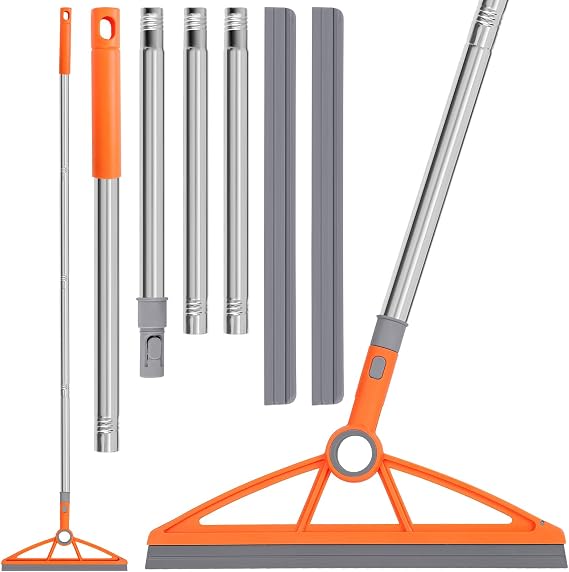 wlich 2-in-1 Air Broom, Silicone Rubber Broom with 54" Handle & 2 Strips | 180 Rotatable head, Sweep and Silicone Tools with Long Handle for Cleaning Bathrooms,Glass,Tiles,Pet Hair & Kitchen Floors