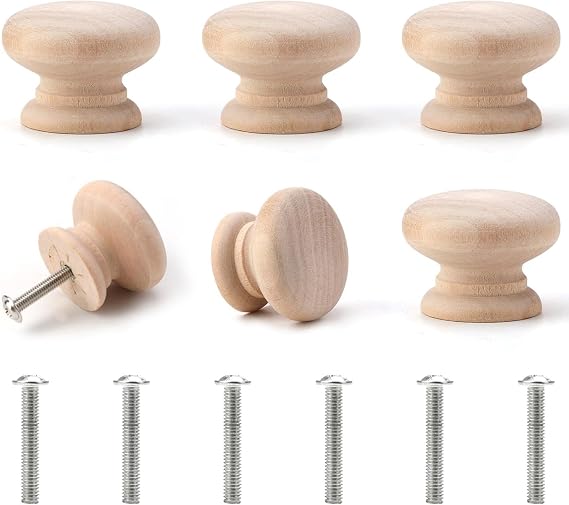 6 Pack Wooden Drawer Knobs, Round Mushroom Cabinet Pull Handles with Mounting Screws, Natural Solid Wood Furniture Knobs for Cupboard Wardrobe Home Decoration