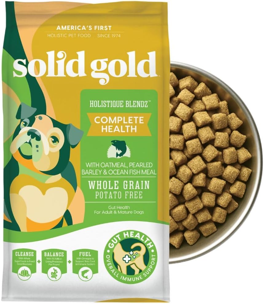 Solid Gold Dry Dog Food for Adult & Senior Dogs - with Whole Grains, Oatmeal, Pearled Barley, Fish - Potato Free, High Fiber Adult Dog Food Dry Kibble for Sensitive Stomach & Immune Support – 4LB
